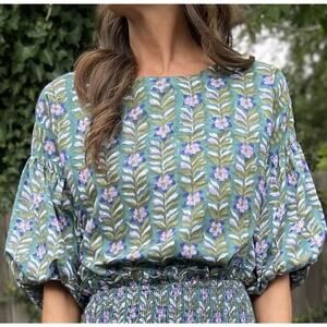 Fitzroy & Willa Marybeth puff sleeve blouse Vines Print Blue Green XS